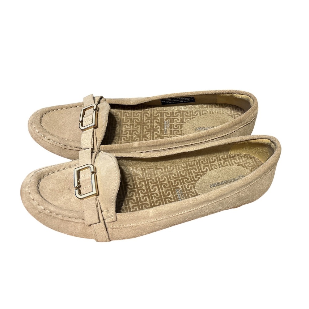 Rockport Tan Washable Suede Moccasin Loafers with Buckle Detail, Size 9